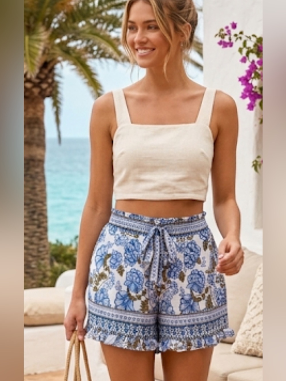 Angie Blue and Brown Floral Tiered Hem Shorts